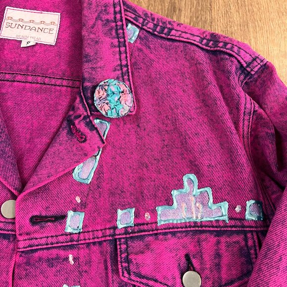 Vintage Sundance Denim Wear Jean Jacket Hand painted Southwestern Pink 80s 90s - Picture 4 of 12